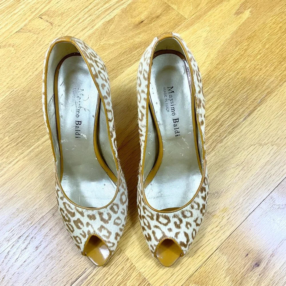 Massimo Baldi Heels Pumps Leopard Calf Hair Peep Toe (7.5)